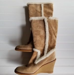 Coach Suede Shearling Wedge  Boots Size 7.5